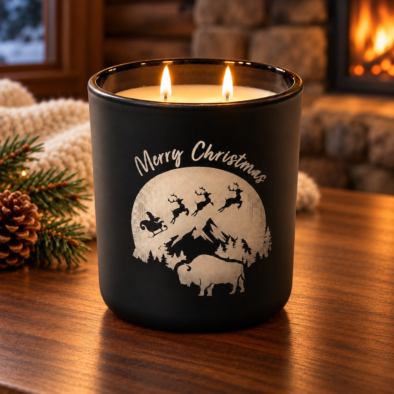 Christmas Cabin candle in its holiday setting on smooth walnut