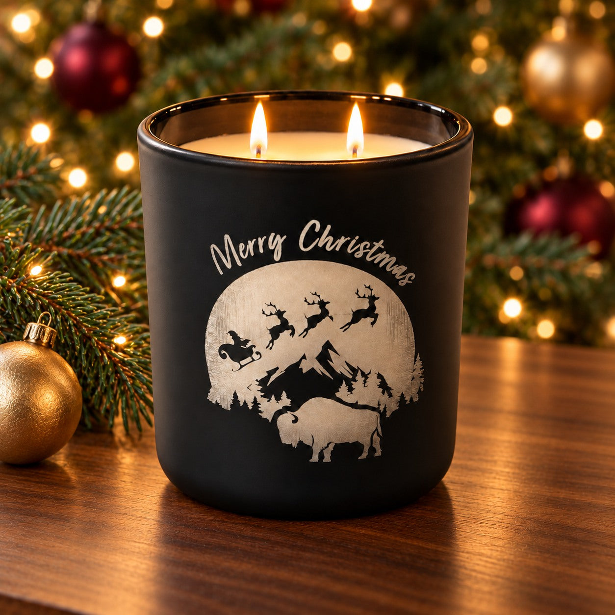 Christmas Tree candle in its holiday setting on smooth walnut