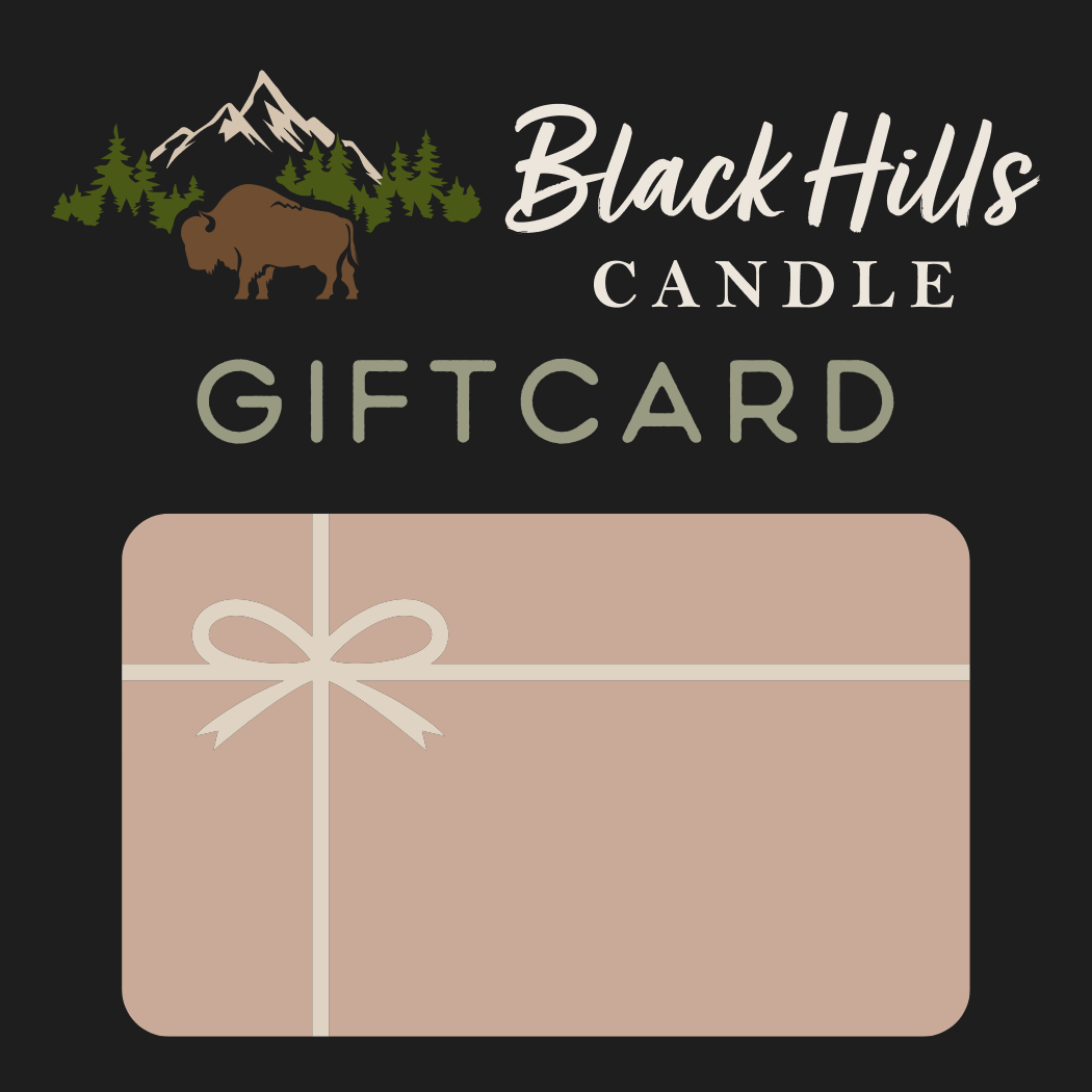 Black Hills Candle gift card design with a mountain and bison illustration on a black background. Main image