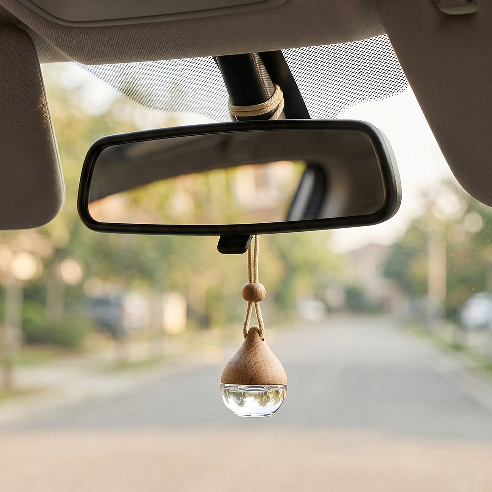 Wooden car hanging ornament with a clear droplet attached to a car's rearview mirror. Main image