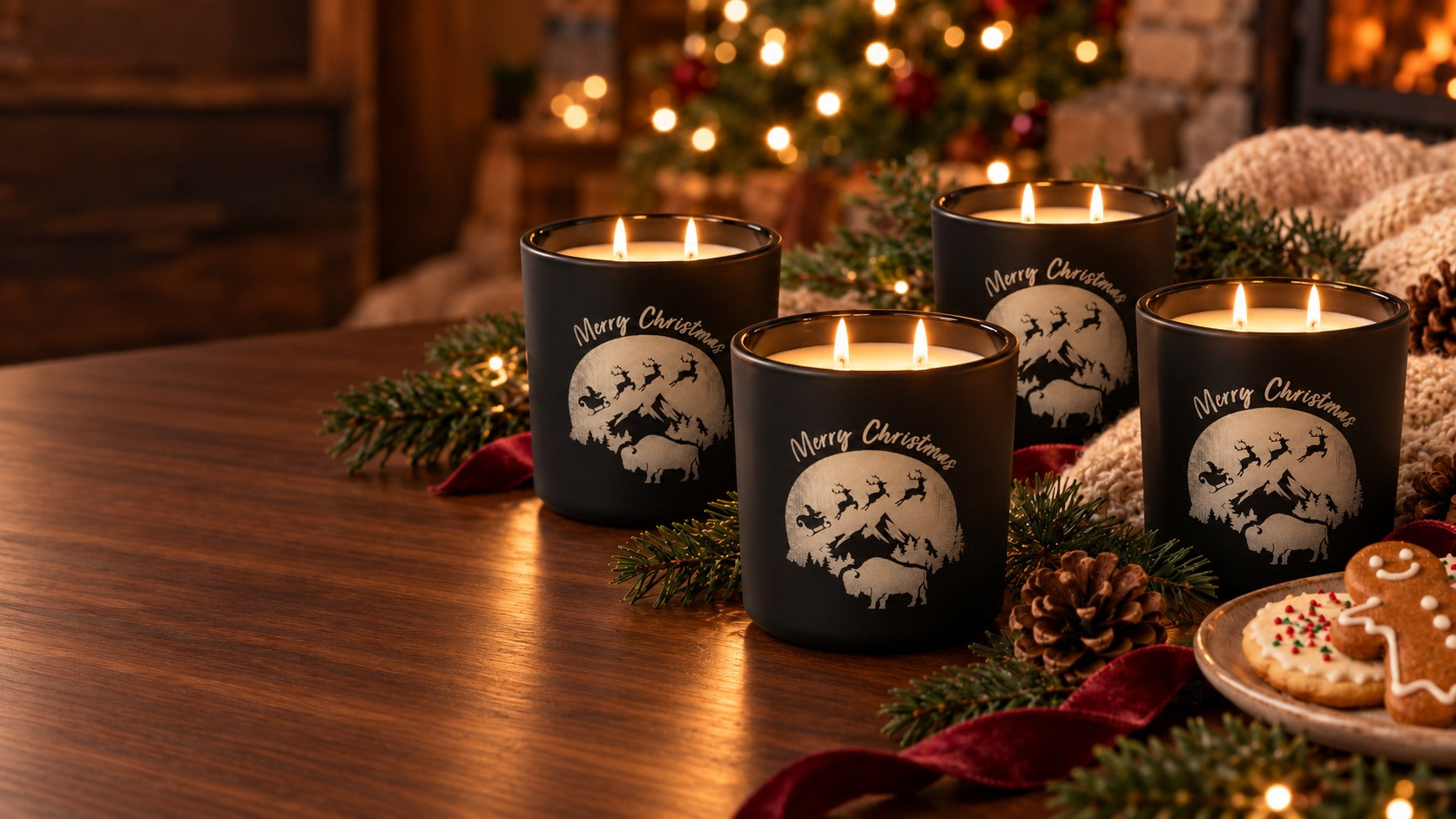 Four black Merry Christmas engraved candles on smooth walnut in a warm Black Hills lodge setting