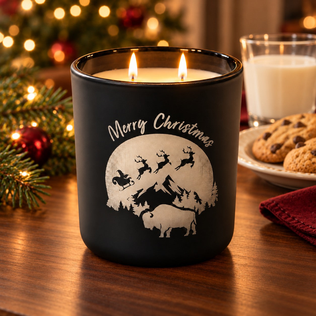 Cookies for Santa candle in its holiday setting on smooth walnut