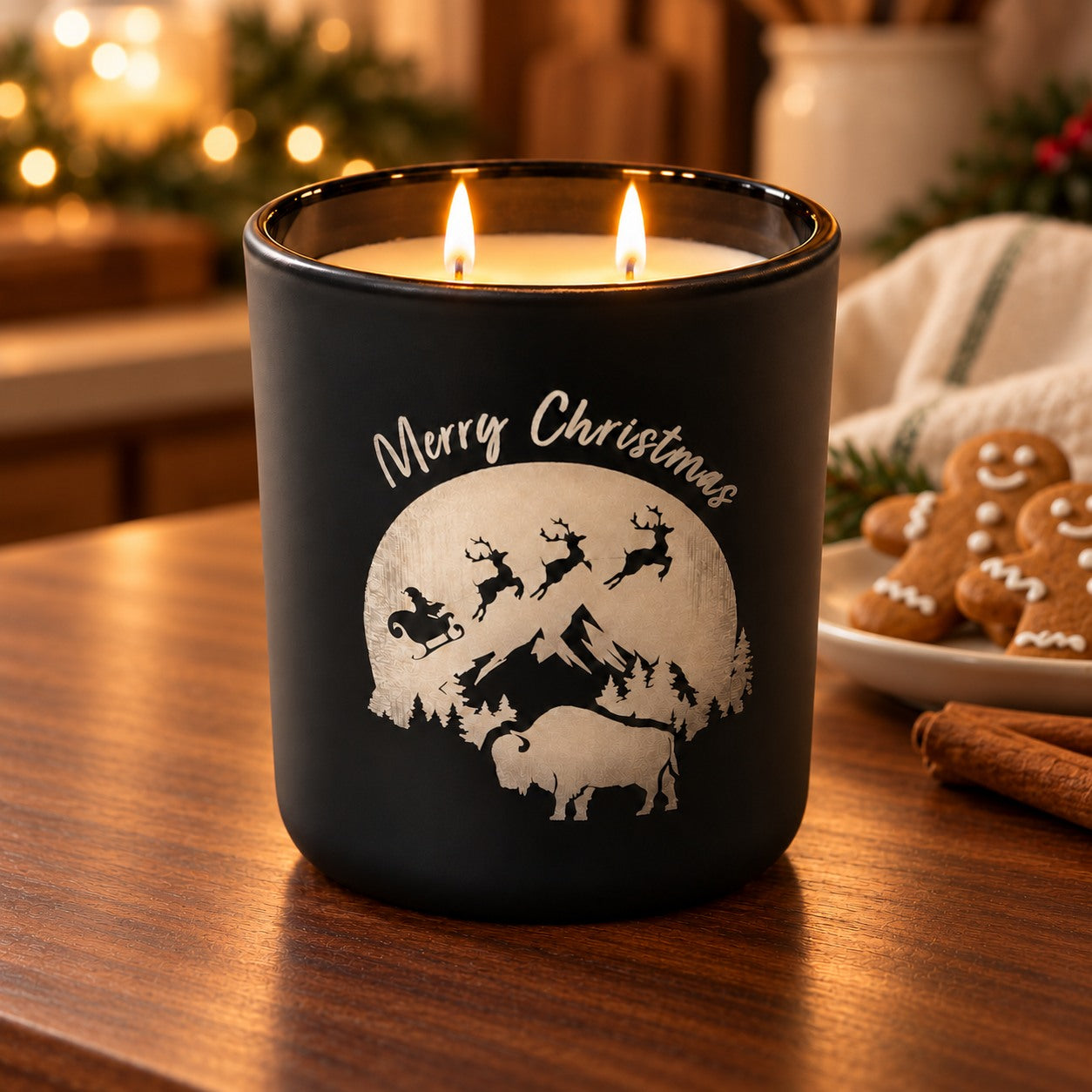 Gingerbread candle in its holiday setting on smooth walnut