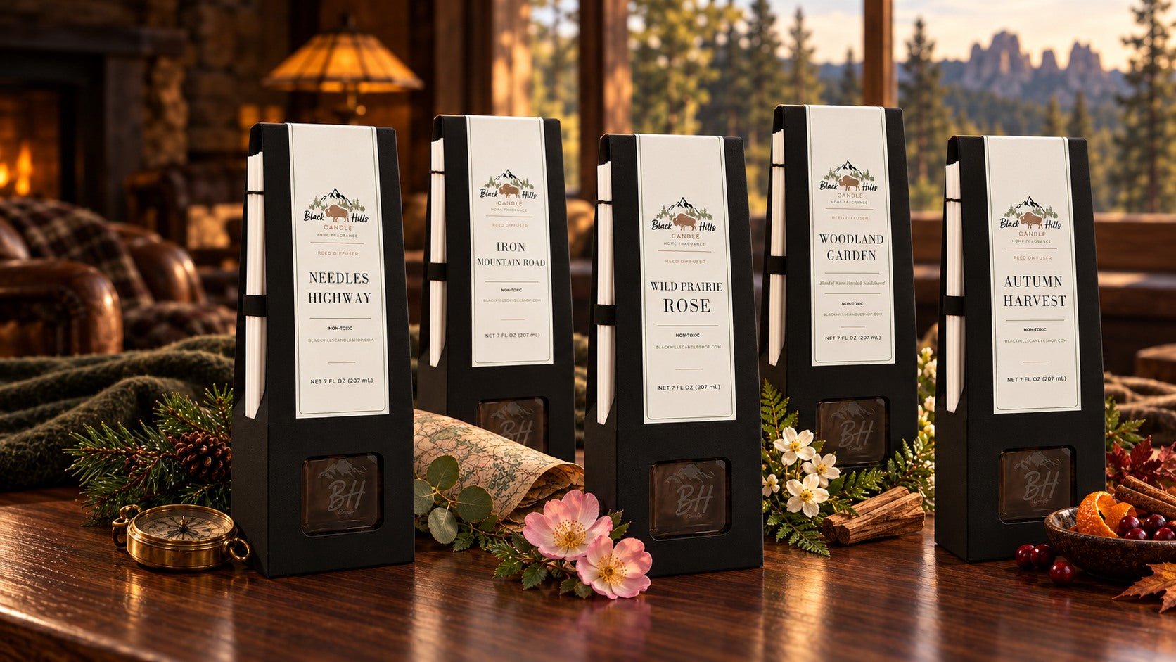 All five Black Hills reed diffusers together on smooth walnut, with pine, prairie roses, woodland flowers and autumn accents