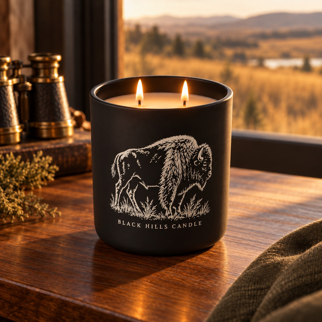 Bison engraved Wildlife Loop candle in a warm country-chic setting