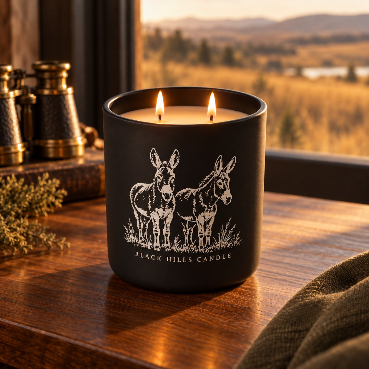 Burros engraved Wildlife Loop candle in a warm country-chic setting