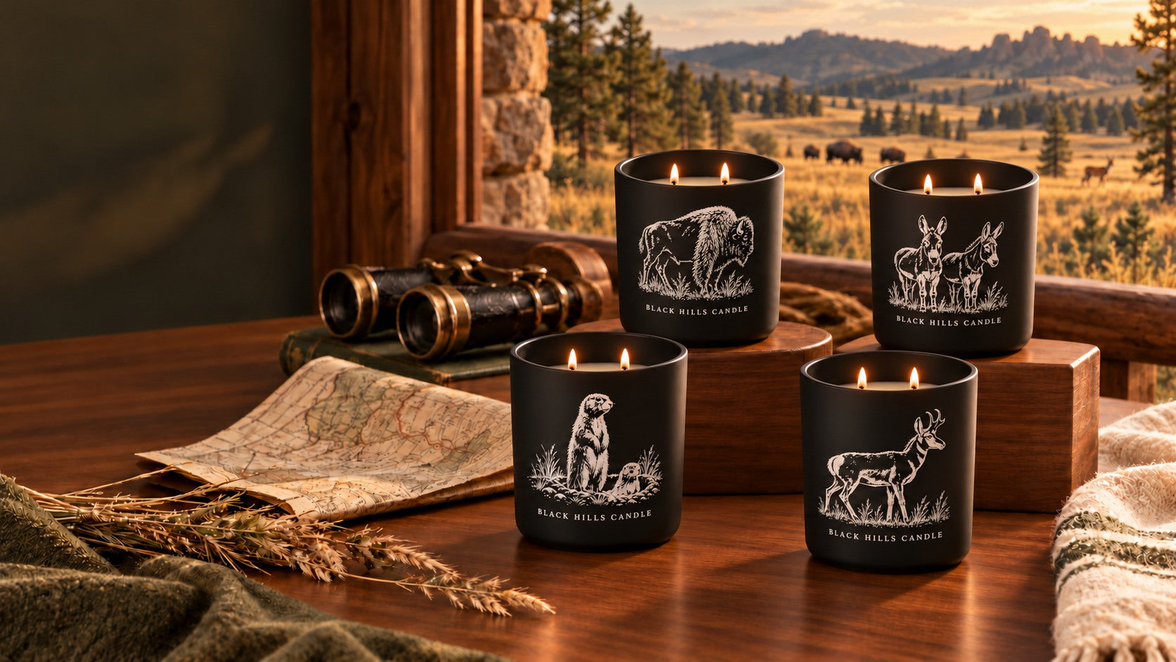Four engraved Wildlife Loop candles in a warm lodge overlooking Black Hills prairie with grazing bison and a distant pronghorn