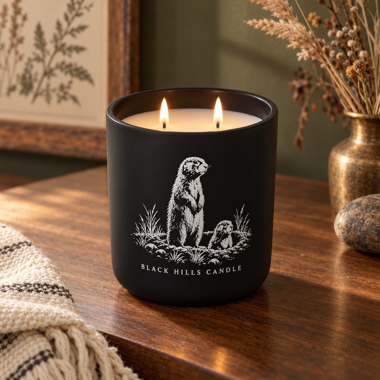 Prairie Dogs engraved Wildlife Loop candle in a warm country-chic setting