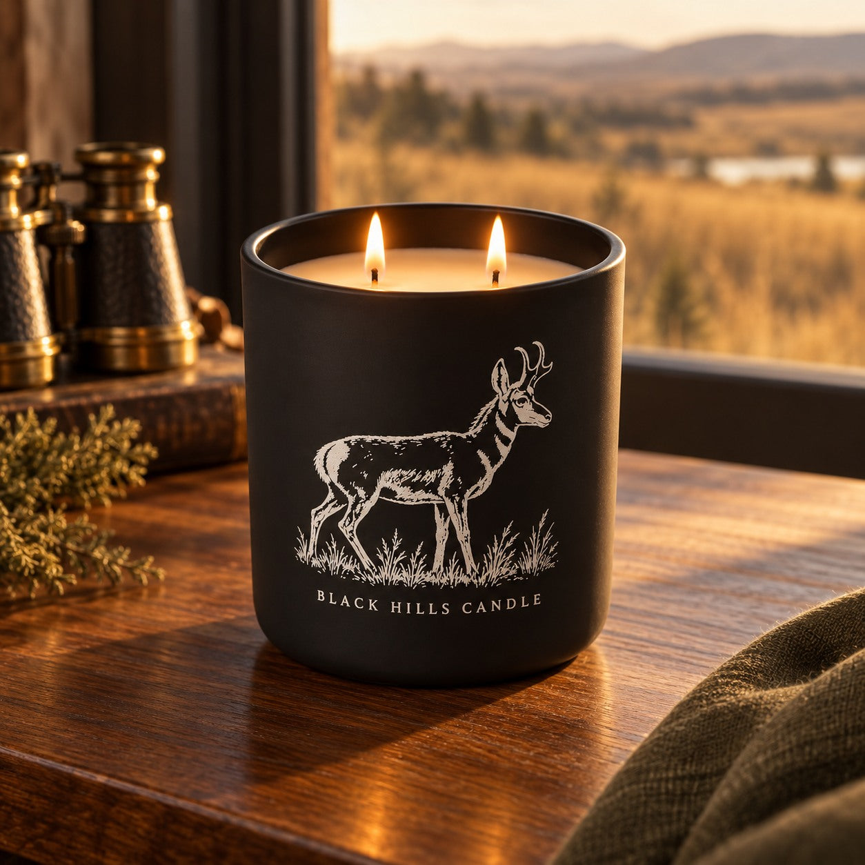 Pronghorn engraved Wildlife Loop candle in a warm country-chic setting